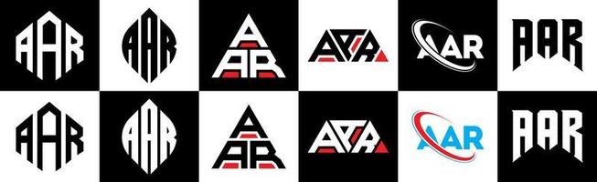 AAR letter logo design in six style. AAR polygon, circle, triangle, hexagon, flat and simple style with black and white color variation letter logo set in one artboard. AAR minimalist and classic logo vector