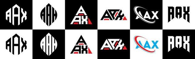 diseño de logotipo de letra aax en seis estilos. polígono aax, círculo, triángulo, hexágono, estilo plano y simple con logotipo de letra de variación de color blanco y negro en una mesa de trabajo. logotipo minimalista y clásico de aax vector