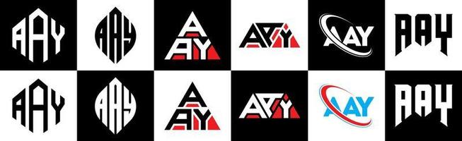 diseño de logotipo de letra aay en seis estilos. aay polígono, círculo, triángulo, hexágono, estilo plano y simple con logotipo de letra de variación de color blanco y negro en una mesa de trabajo. aay logotipo minimalista y clásico vector