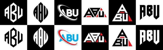 ABU letter logo design in six style. ABU polygon, circle, triangle, hexagon, flat and simple style with black and white color variation letter logo set in one artboard. ABU minimalist and classic logo vector