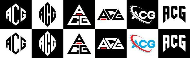 diseño de logotipo de letra acg en seis estilos. polígono acg, círculo, triángulo, hexágono, estilo plano y simple con logotipo de letra de variación de color blanco y negro en una mesa de trabajo. logotipo acg minimalista y clásico vector