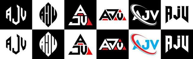 AJV letter logo design in six style. AJV polygon, circle, triangle, hexagon, flat and simple style with black and white color variation letter logo set in one artboard. AJV minimalist and classic logo vector