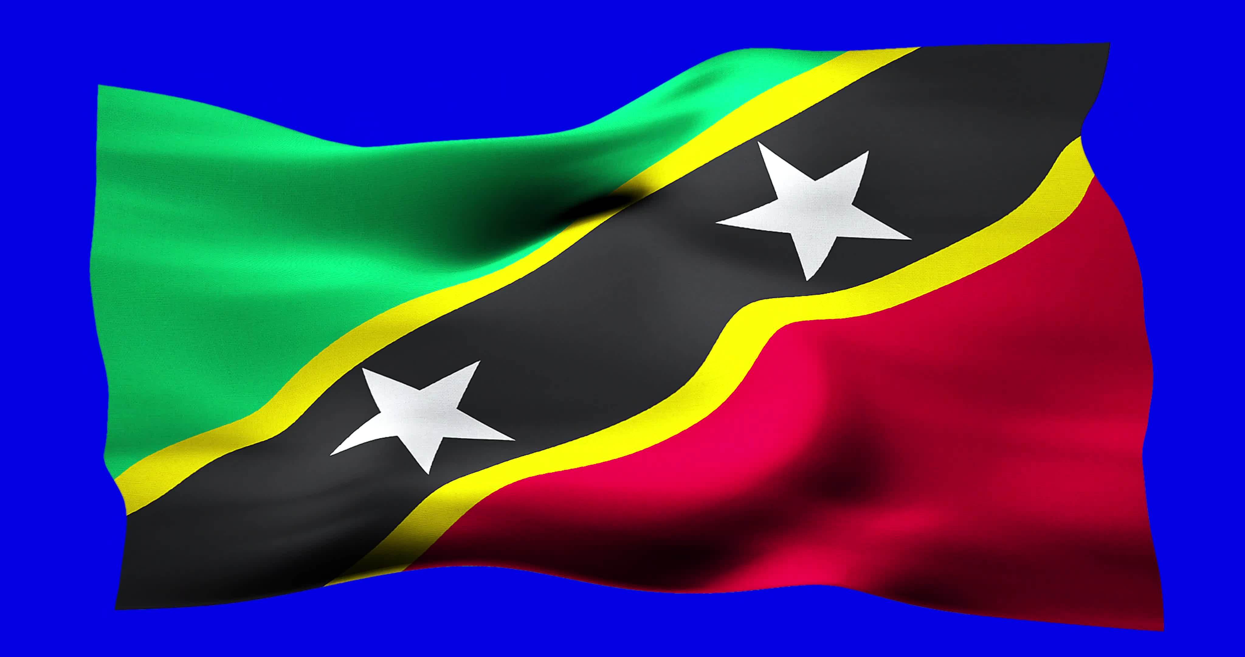 Flag of Saint Kitts and Nevis realistic waving on blue screen. Seamless