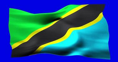 Flag of Tanzania realistic waving on blue screen. Seamless loop animation with high quality video