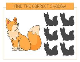 Find the correct shadow game with a fox. Educational game for children. Cute cartoon fox. Shadow matching game. Vector illustration.