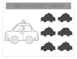 Find the correct shadow coloring book with a car. Coloring page educational game for kids. Cute cartoon car. Shadow matching game. Vector illustration.