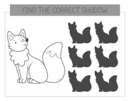 Find the correct shadow coloring book with a fox. Coloring page educational game for kids. Cute cartoon fox. Shadow matching game. Vector illustration.