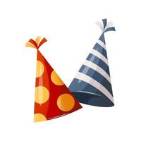 Birthday caps from paper with striped, round pattern for entertainment. Festive party cone, hats. Birthday party, celebration, holiday, event, festive, congratulations concept. vector
