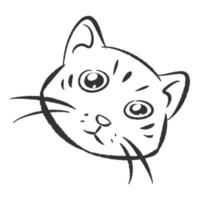 Hand drawn illustration of cat face with sad eyes. line art, black outline. cute kitten cartoon character. doodle sketch. Suitable for print, poster, greeting card. vector
