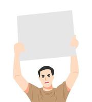 man holding blank protest sign. angry expression. empty banner. demonstration concept. vector illustration flat style.