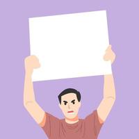 man with angry expression holding white blank protest sign. empty banner. demonstration concept. vector illustration flat style.