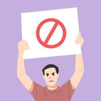 man with angry expression holding white  protest board. Prohibition sign. empty banner. demonstration concept. vector illustration flat style.