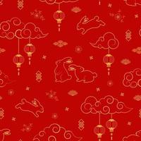 Rabbits character seamless pattern with asian elements on red background for decorative chinese new year 2023 and mid autumn festival vector