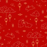 Rabbits character seamless pattern with asian elements on red background for decorative chinese new year 2023 and mid autumn festival vector