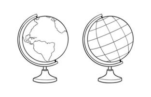 bosquejo del garabato del globo de la escuela. globo dibujado a mano en un soporte. modelo de la tierra. equipo de educación. página para colorear ilustración vectorial aislada vector
