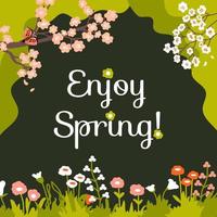 Spring inspirational card with text Enjoy Spring. Vector frame with grass, abstract flowers, herbs and branches of  Cherry blossoms. Green background