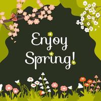 Spring inspirational card with text Enjoy Spring. Vector frame with grass, abstract flowers, herbs and branches of  Cherry blossoms. Green background