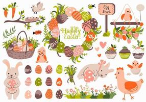 Easter set. Wreath, garland, cute bunnies and chickens, Easter eggs, cupcakes, carrot, basket. Spring home decor. Ideal for sticker kit, greeting cards, tags.