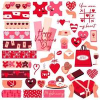 et para el día de san valentín. cintas washi y diferentes corazones, manos con cajas de regalo, comida dulce. cinta de enmascarar o tiras adhesivas para marcos, álbumes de recortes, bordes, gráficos web, manualidades, pegatinas. vector. vector