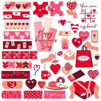 et for Valentines Day. Washi tapes and different hearts, hands with gift boxes, sweet food. Masking tape or  adhesive strips for frames, scrapbooking, borders, web graphics, crafts, stickers. Vector.