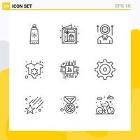 Set of 9 Vector Outlines on Grid for computer fintech industry management newborn baby Editable Vector Design Elements