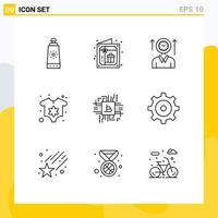 Set of 9 Vector Outlines on Grid for computer fintech industry management newborn baby Editable Vector Design Elements