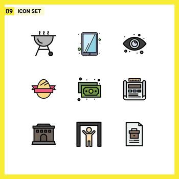 interfaz móvil línea de relleno conjunto de colores planos de 9 pictogramas de diseño dinero web finanzas vacaciones elementos de diseño vectorial editables vector