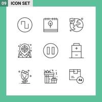 Pack of 9 Modern Outlines Signs and Symbols for Web Print Media such as battery circle world web location Editable Vector Design Elements