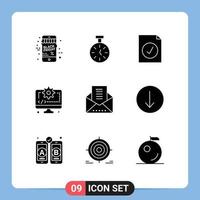 User Interface Pack of 9 Basic Solid Glyphs of message envelope email complete gear coding Editable Vector Design Elements