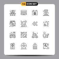 Set of 16 Vector Outlines on Grid for badge speech calender podium world Editable Vector Design Elements