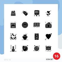 paquete de 16 signos y símbolos de glifos sólidos modernos para medios de impresión web, como el crecimiento del corazón, oferta de etiqueta de gratitud, elementos de diseño vectorial editables vector