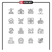 Pack of 16 Modern Outlines Signs and Symbols for Web Print Media such as shutdown travel aperture beach house wedding Editable Vector Design Elements