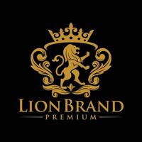 Luxury Lion crest heraldry logo. Elegant gold heraldic shield icon. Premium brand identity emblem. Royal coat of arms company label symbol. Modern vector illustration.