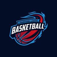 logo del club de baloncesto, emblema, diseños con pelota. Ilustración de vector de insignia de deporte