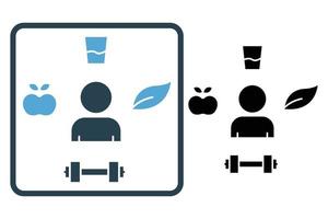 Healthy life style icon illustration. People, leaf, apple, drink. icon related to lifestyle. Solid icon style. Simple vector design editable