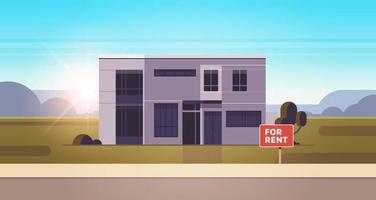 signo de alquiler de bienes raíces exterior de la casa moderna y ilustración de vector plano horizontal de fachada de edificio urbano.