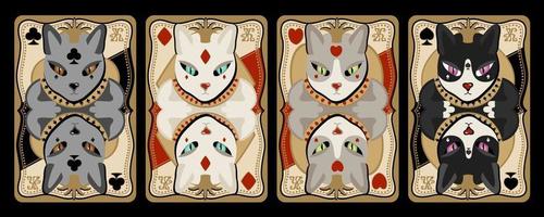 Playing cards, four kings with heads of cats. Vector set isolated on black background.