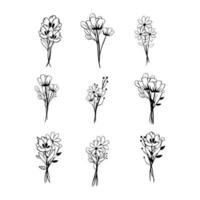 línea negra doodle pequeño ramo de flores sobre fondo blanco. ilustración vectorial sobre la naturaleza. vector