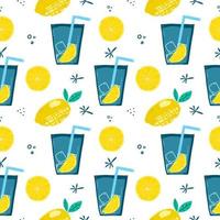 Seamless color pattern with texture lemons and lemonade on a white background. Hand drawn vector illustration.