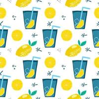 Seamless color pattern with texture lemons and lemonade on a white background. Hand drawn vector illustration.