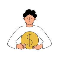 ícono de un hombre con una moneda de oro en sus manos. el concepto de beneficio, éxito, riqueza. ilustración vectorial en estilo plano vector