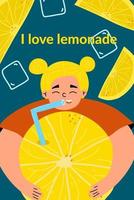 Vertical poster with a little girl drinking lemonade from a straw. Child with lemon juice. Vector illustration hand drawn