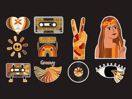 Set of 60s, 70s aesthetics stickers. Collection of hippie style elements. Rainbow character, audio cassette, vinyl record, heart, groovy sun, peace gesture. Vector illustration