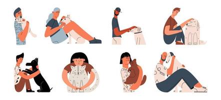 Animal emotional support hand drawn style icons set. People with animals. Woman with a dog. Man with a cat. vector