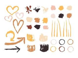 A set of different abstract shapes, spots, hearts, arrows and blots drawn with a brush. Large collection of design elements. Vector illustration