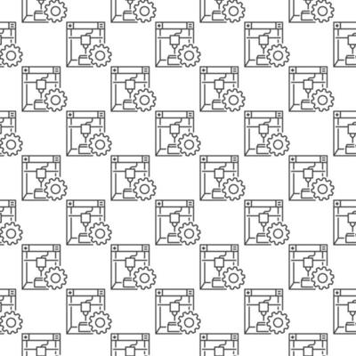 3d Printer with Gear vector outline seamless pattern. Additive Manufacturing Settings background