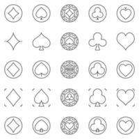 Playing Card Suits and Poker Chips outline icons set - Casino vector symbols