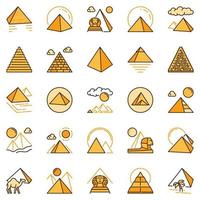 Conjunto de iconos amarillos vectoriales de pirámides egipcias - signos de colores piramidales vector