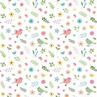 Cartoon spring birds, flowers, leaves, and butterflies seamless vector pattern. Perfect for textile, wallpaper or print design. Isolated on white background.