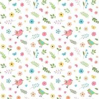 pájaros de primavera de dibujos animados, flores, hojas y mariposas patrón de vector transparente. perfecto para el diseño textil, de papel tapiz o de impresión. aislado sobre fondo blanco.